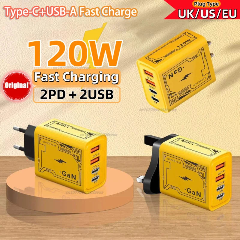 120W Original Charger EU/UK/US 4-Ports Ultra Fast Charging Type-C GaN Phone Charger USB-C QC 3.0 Universal Phone Adapter