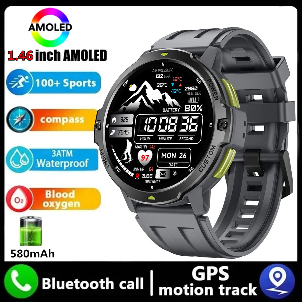 2025 NEW GPS Smart Watch 1.46'' AMOLED Display Built-in Compass Barometric Altimeter 5ATM 580mAh Battery Sports Smartwatch Men