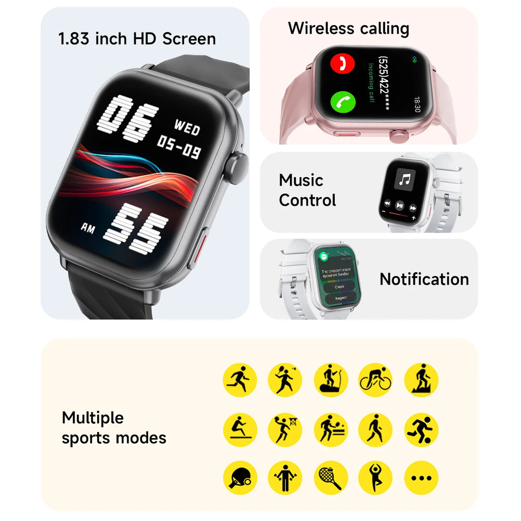New Smart Watch 2025 1000mAh Large Battery Capacity 1.83-inch Screen Bluetooth Calling 100+ Sport Modes Men Women Watches Gifts