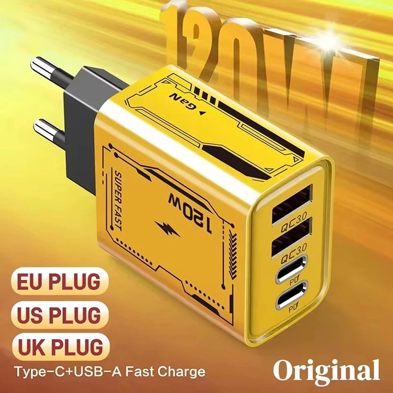 120W Original Charger EU/UK/US 4-Ports Ultra Fast Charging Type-C GaN Phone Charger USB-C QC 3.0 Universal Phone Adapter