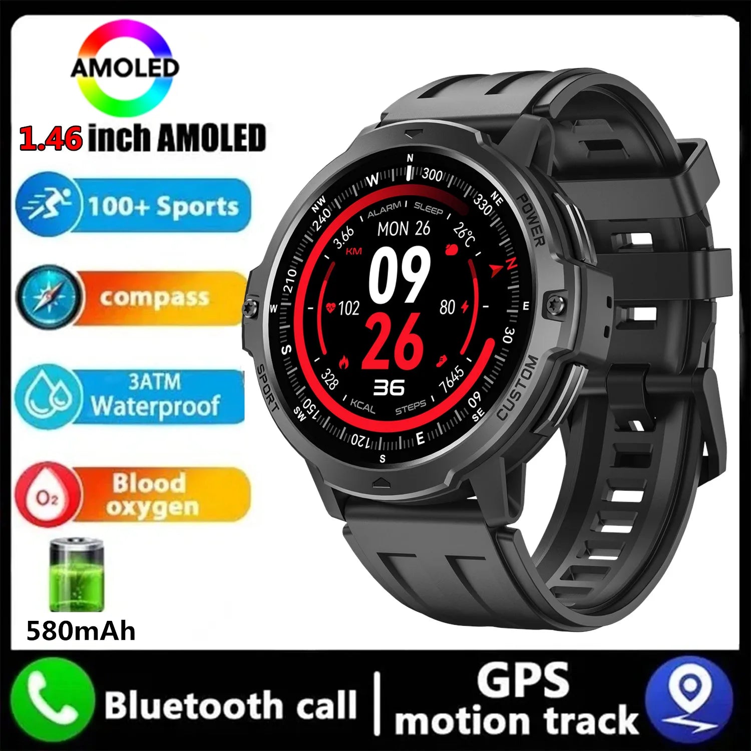 2025 NEW GPS Smart Watch 1.46'' AMOLED Display Built-in Compass Barometric Altimeter 5ATM 580mAh Battery Sports Smartwatch Men