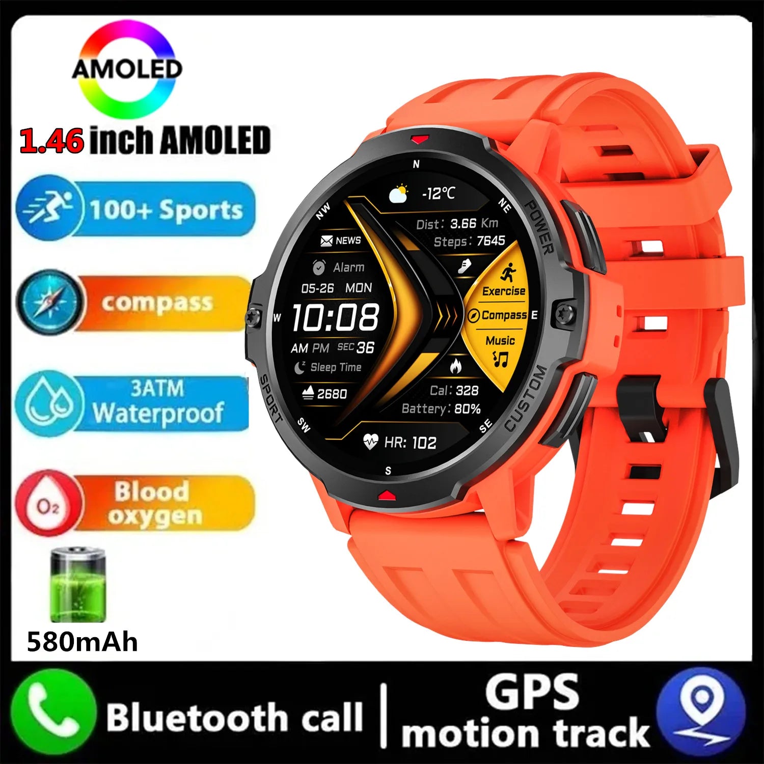 2025 NEW GPS Smart Watch 1.46'' AMOLED Display Built-in Compass Barometric Altimeter 5ATM 580mAh Battery Sports Smartwatch Men
