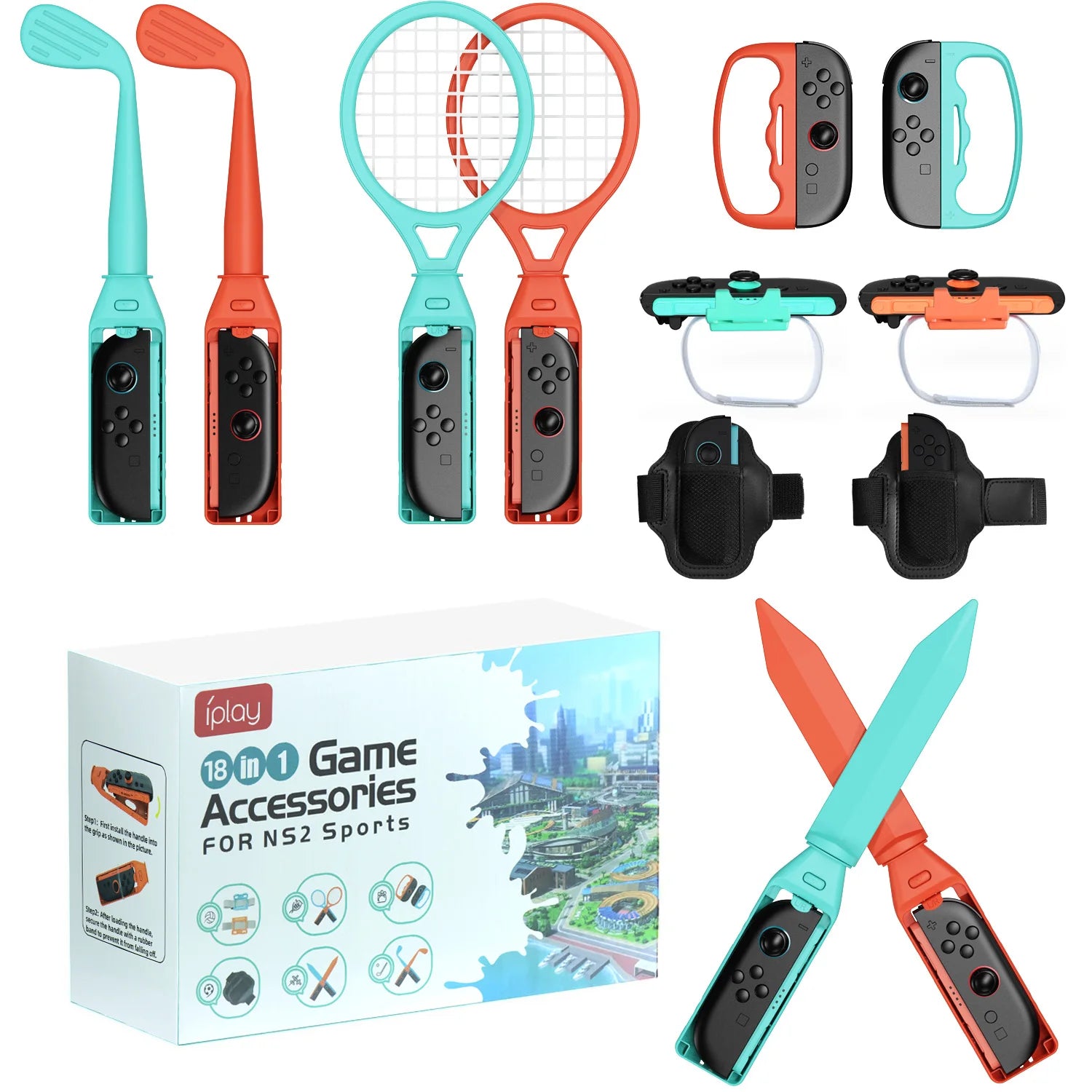 18 in 1 Sports Accessories Bundle for NS Switch 2, Golf Clubs Tennis Rackets Swords Grips Straps Kit for Joy-Con