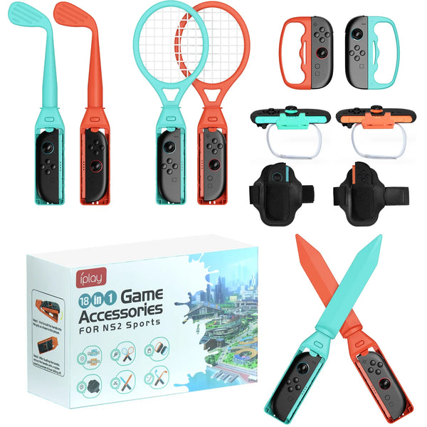 18 in 1 Sports Accessories Bundle for NS Switch 2, Golf Clubs Tennis Rackets Swords Grips Straps Kit for Joy-Con