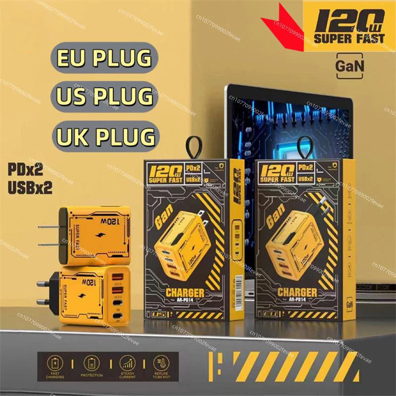 120W Original Charger EU/UK/US 4-Ports Ultra Fast Charging Type-C GaN Phone Charger USB-C QC 3.0 Universal Phone Adapter