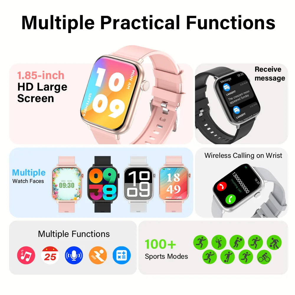 2025 New Smart Watch Women 1.85 inch Screen Customized Dial IP68 Waterproof Smart Watch Men Bluetooth Talk Fashion Bracelet