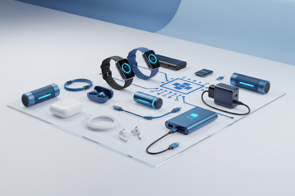 A homepage image of a store selling electronics, showing AirPods, smartwatches, chargers, power banks, and similar items. Do not add any text, just keep exactly the existing writings as they are. An icon with a blue touch.